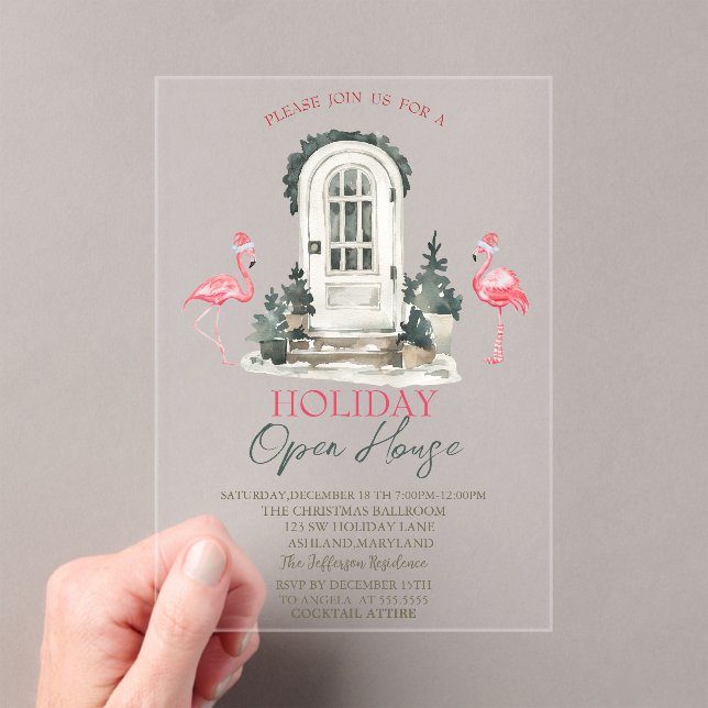 Front Door Pink Flamingos Holiday Open House  Acrylic Invitations (Insitu (Handheld))