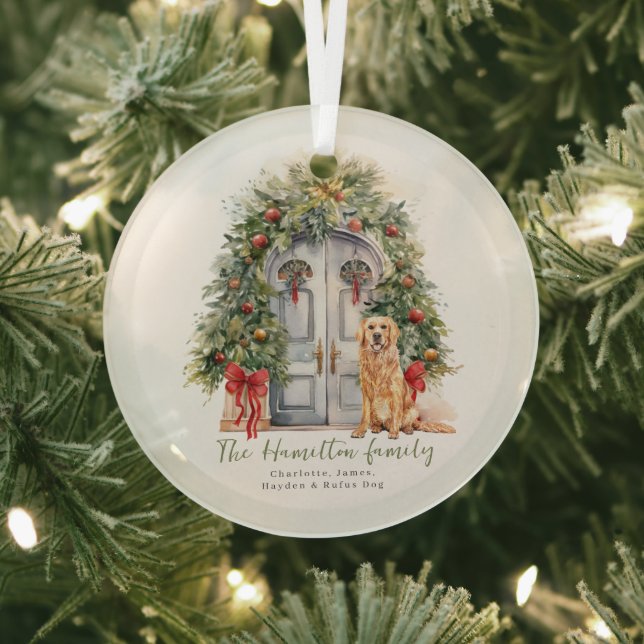 Front Door With Golden Retriever Christmas Glass Ornament (Insitu)