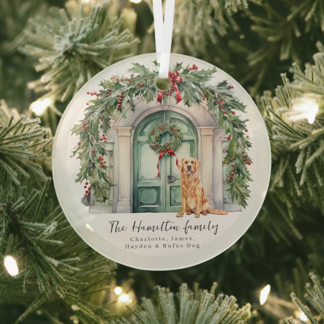 Front Door With Golden Retriever Christmas Glass Ornament (Insitu)