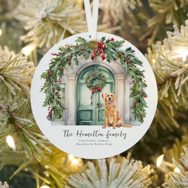 Front Door With Golden Retriever Christmas Metal Ornament (Insitu)