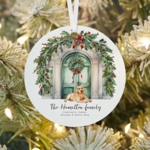 Front Door With Yellow Labrador Christmas Metal Ornament