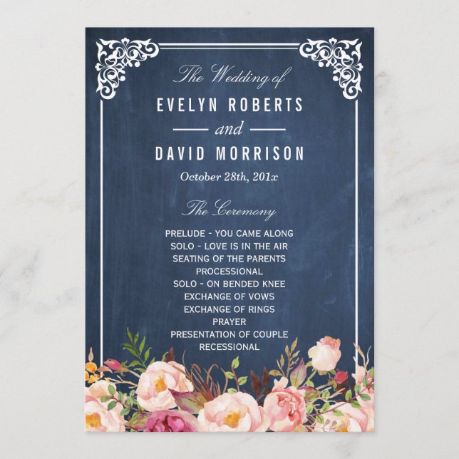 (Front) Floral Chalkboard DIY Wedding Program Fan (Front)