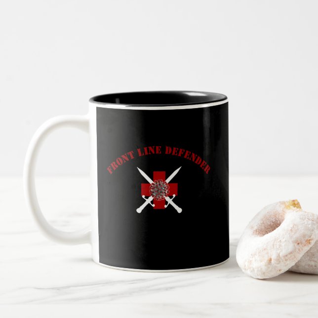 Front Line Defender with custom name Two-Tone Coffee Mug (With Donut)