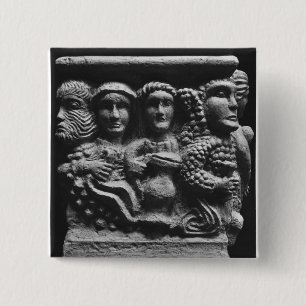 Front of an altar used as a font depicting 2 inch square button