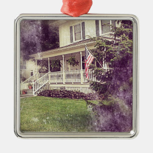 Front Porch and American Flag Metal Ornament