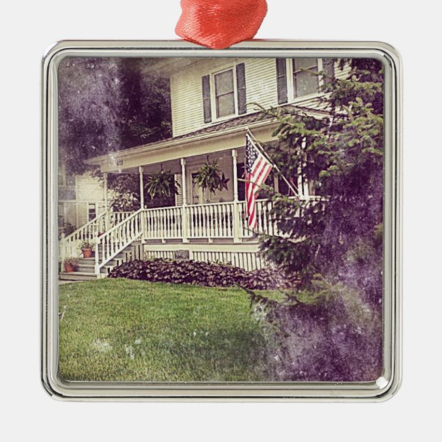 Front Porch and American Flag Metal Ornament (Front)