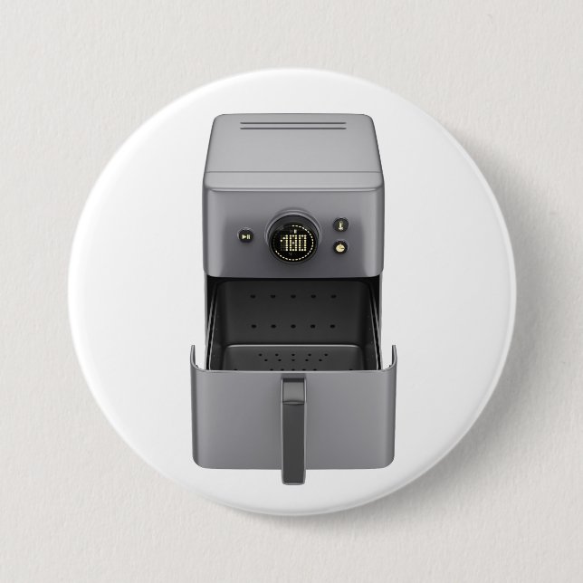 Front view of an open, empty air fryer 3 inch round button (Front)