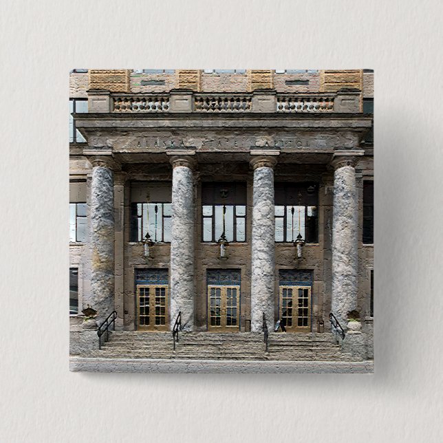 Front View of the Alaska State Capitol in Juneau 2 Inch Square Button (Front)