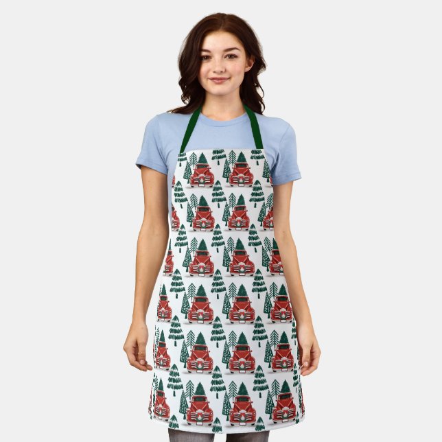 Front View Vintage Red Truck Christmas Tree Apron (Worn)