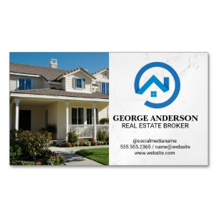Front Yard Home   Modern Blue Real Estate Logo Magnetic Business Card