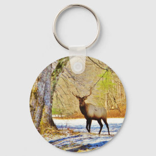 > frontal Bull elk in Snow Keychain
