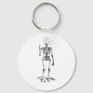 Frontal vintage drawing of a waving skeleton keychain