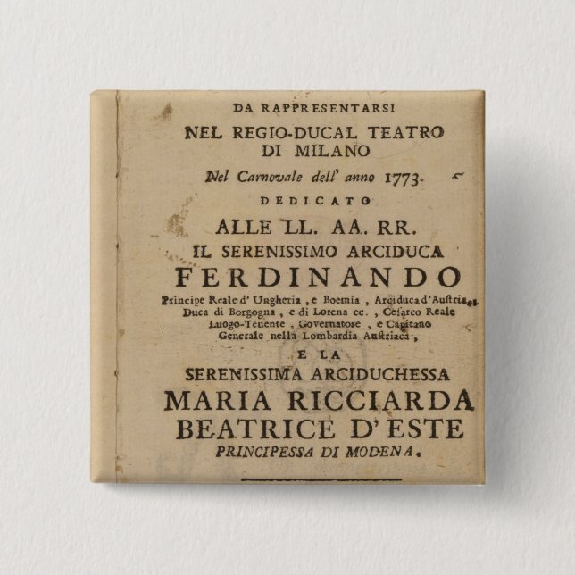 Frontispiece from Mozart's 'Lucio Silla' 2 Inch Square Button (Front)