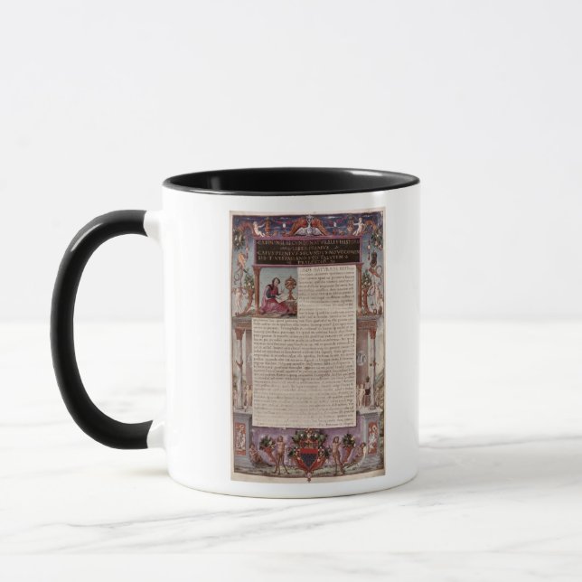Frontispiece to Book I showing a page of text Mug (Left)