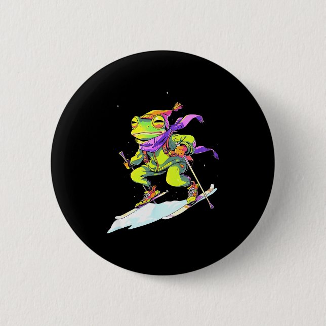 Frosch skiing skier ski winter snow  2 inch round button (Front)