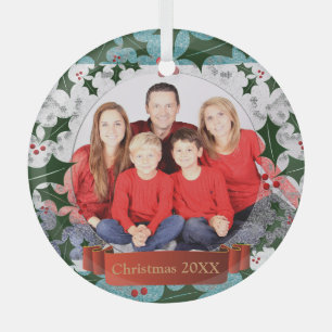 Frost and Holly Wreath Photo Frame Glass Ornament