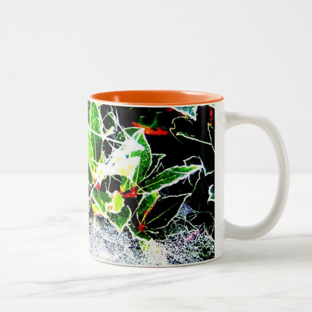 frost covered red berries and holly for christmas Two-Tone coffee mug (Right)