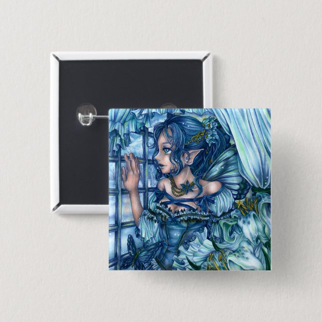 Frost Fairy Girl's View of a Sapphire Winter 2 Inch Square Button (Front & Back)