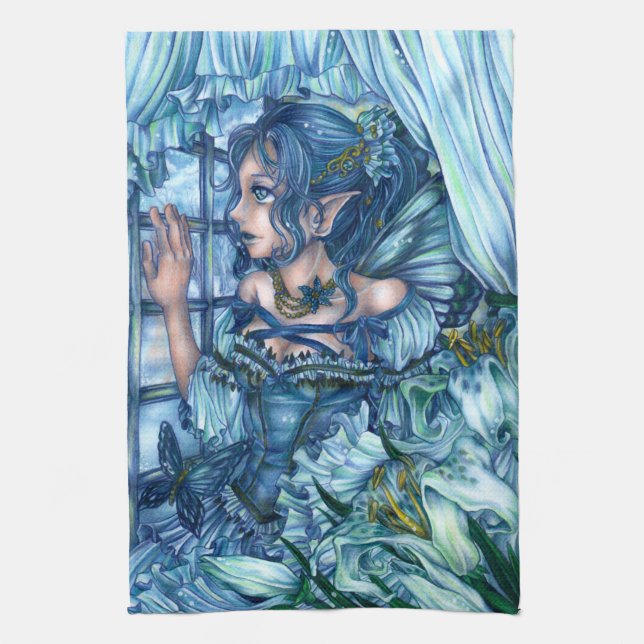 Frost Fairy Girl's View of a Sapphire Winter Kitchen Towel (Vertical)