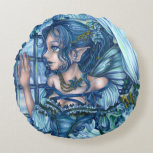 Frost Fairy Girl's View of a Sapphire Winter Round Pillow