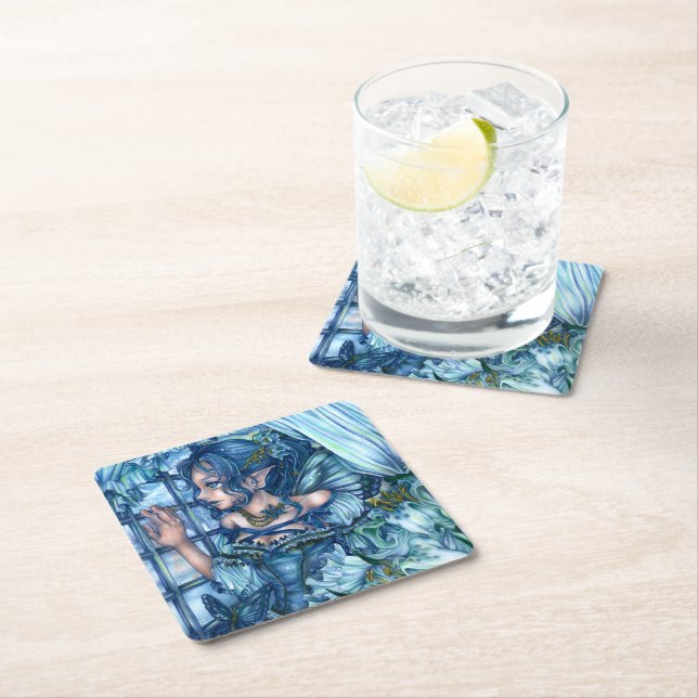 Frost Fairy Girl's View of a Sapphire Winter Square Paper Coaster (Insitu)