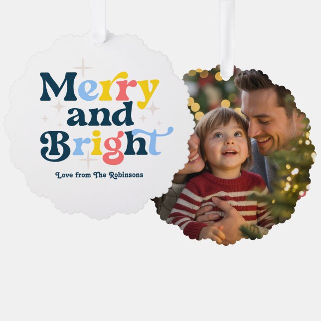 Frost & Glow Merry & Bright Retro Christmas Photo Ornament Card (Front/Back)