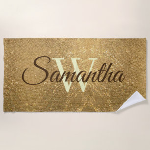 Frost Gold Glitter Script Monogram Girly Beach Towel