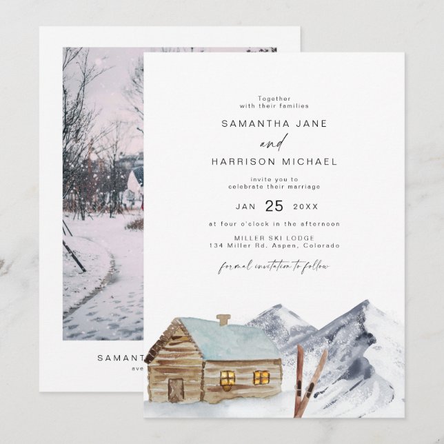 FROST Mountain Ski Cabin Snowy Winter Wedding  Invitation (Front/Back)