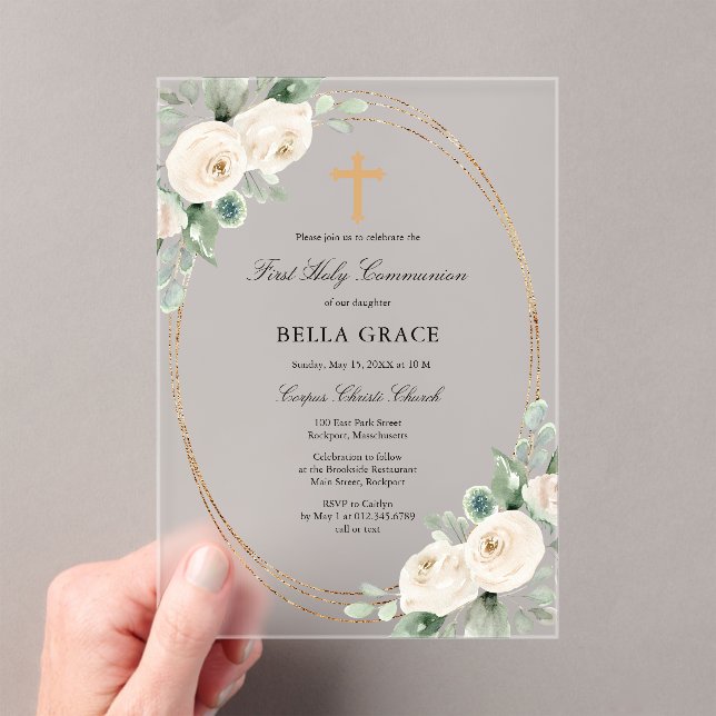 FROSTED ACRYLIC First Communion White Rose Floral Invitations (Insitu (Handheld))
