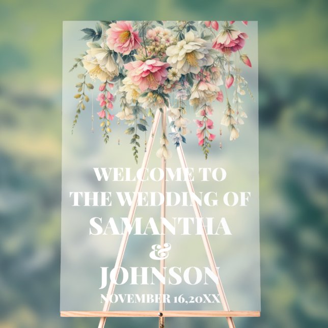 Frosted Acrylic Floral Wedding Welcome Sign (Neutral)