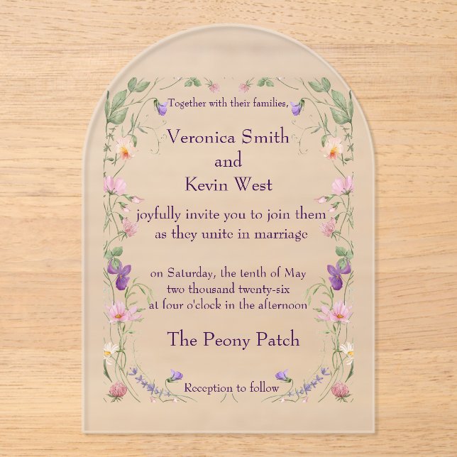 Frosted Arch Wildflower Acrylic Wedding Invitation (Front)