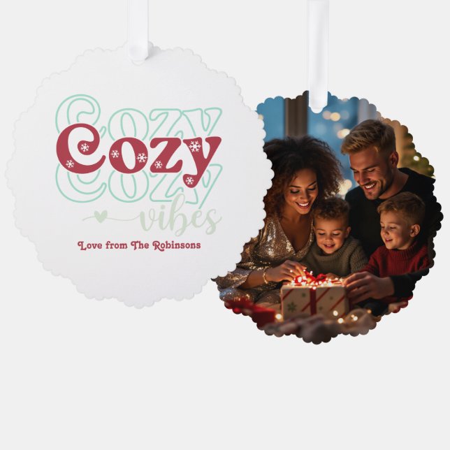 Frosted Berry Cozy Vibes Retro Christmas Photo Ornament Card (Front/Back)
