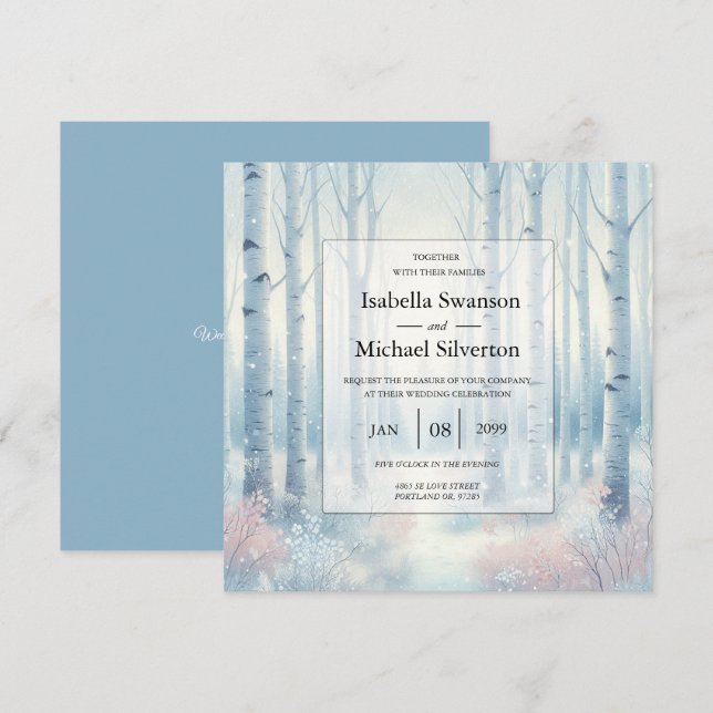 Frosted Blue Birch Forest Wedding Invitation (Front/Back)