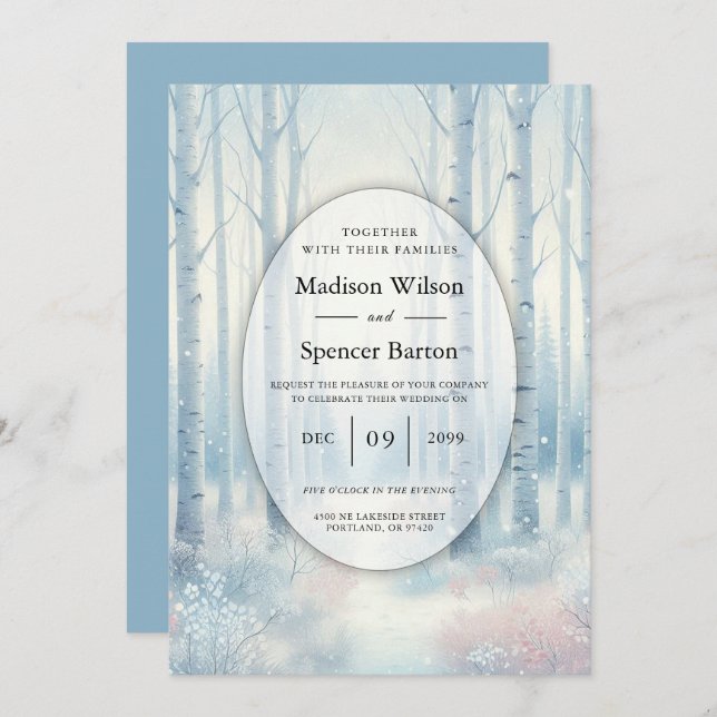Frosted Blue Birch Forest Wedding Invitation (Front/Back)