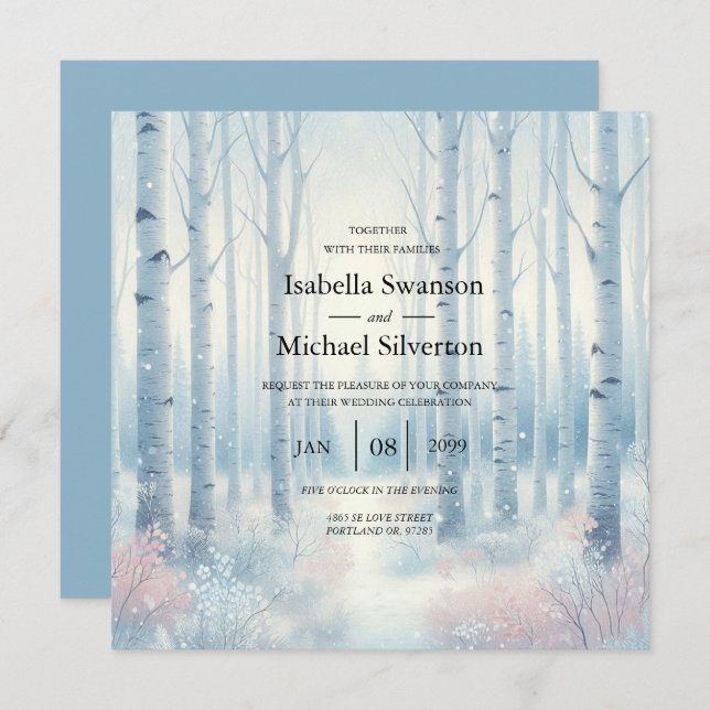 Frosted Blue Birch Forest Wedding Invitation (Front/Back)