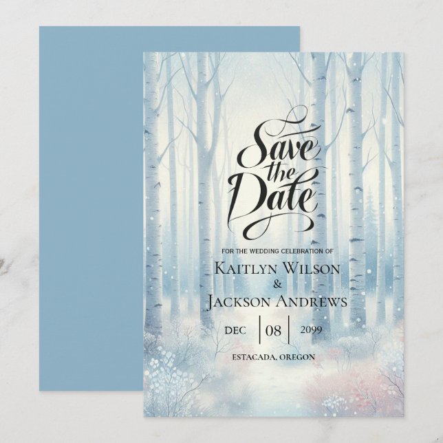 Frosted Blue Birch Forest Wedding Save The Date (Front/Back)