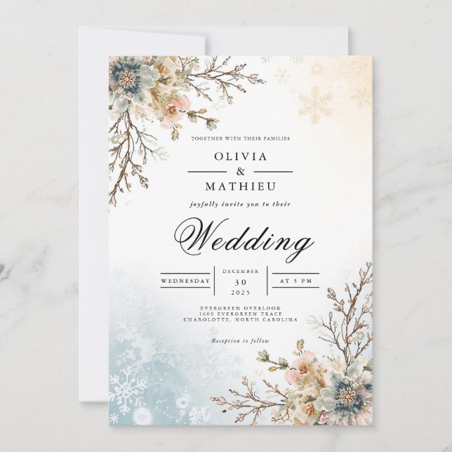 Frosted Blue Botanical Winter Wedding Invitation (Front)