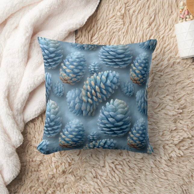 Frosted Blue Pinecones Throw Pillow (Blanket)