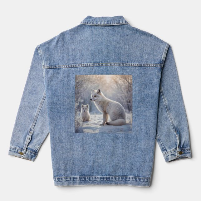 "Frosted Bonds: The Arctic Fox and Her Cub" Denim Jacket (Back)