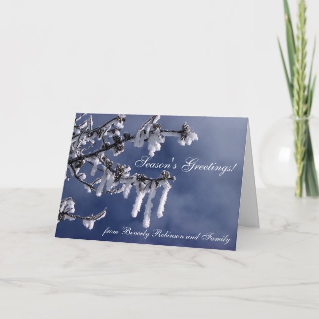 Frosted Branch Blue White Imprinted Christmas Card (Front)