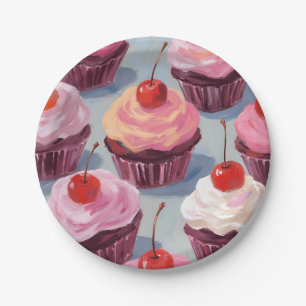 Frosted Cherry Cupcakes Birthday Celebration Paper Plate