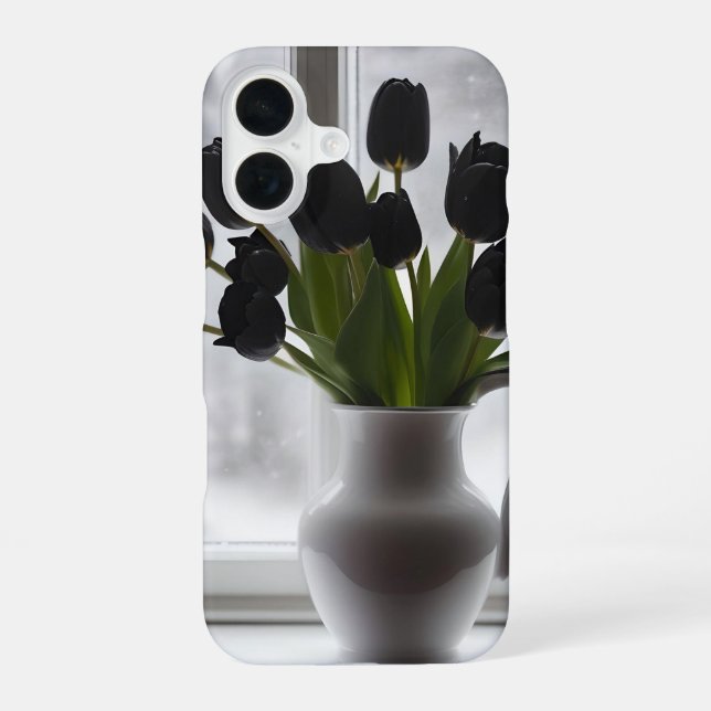 "Frosted Elegance: Black Tulips in a White Vase iPhone 16 Case (Back)