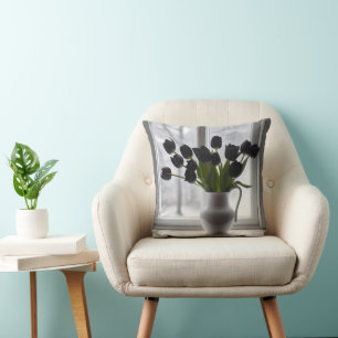 "Frosted Elegance: Black Tulips in a White Vase Throw Pillow