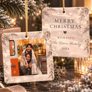 Frosted Evergreen Family Photo Merry Christmas Ceramic Ornament