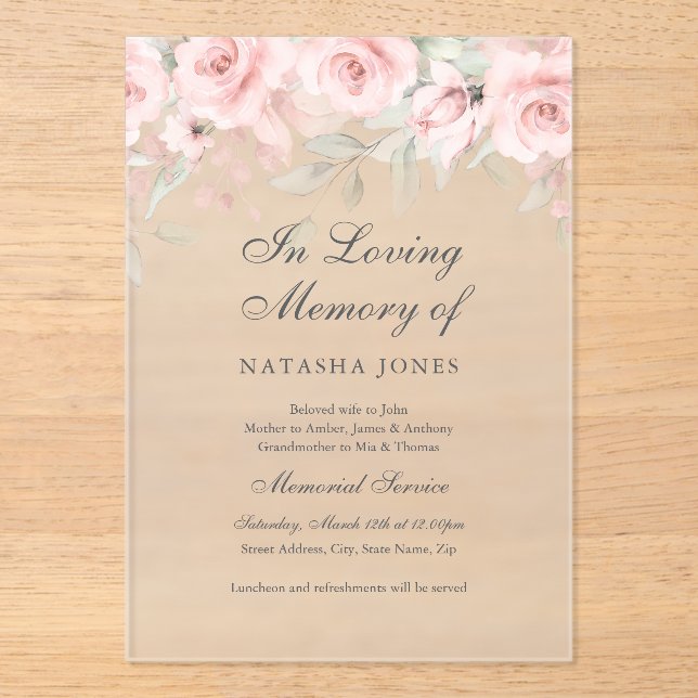  Frosted Floral Butterfly Pink Memorial Service Acrylic Invitations (Front)