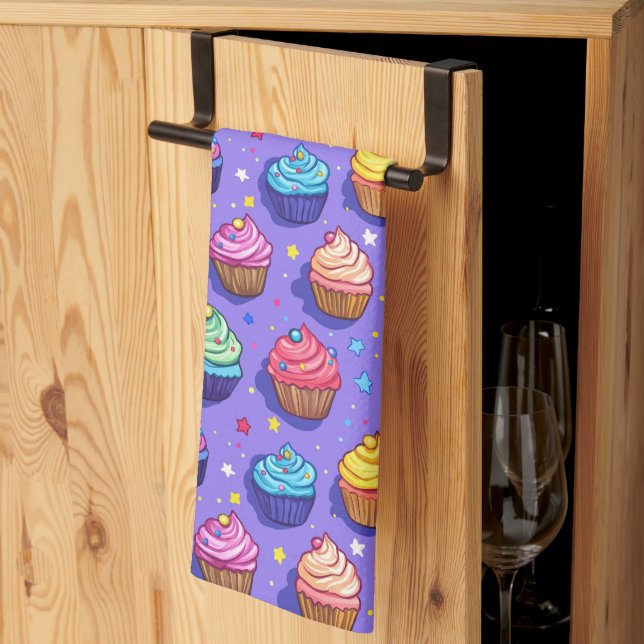 Frosted Fun Cupcake Pattern: Whimsical Bakery  Kitchen Towel (Thirds Fold)