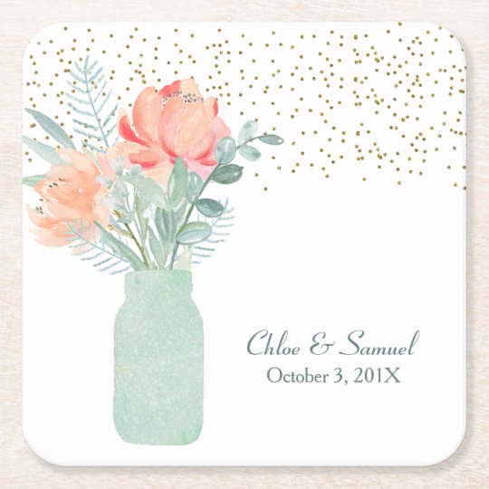 Frosted Glass Mason Jar Wedding Square Paper Coaster