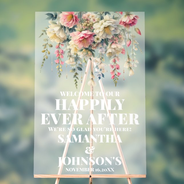 Frosted Happily Ever After Floral Wedding Welcome Acrylic Sign (Neutral)