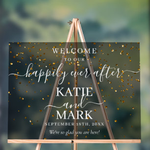 Frosted Happily Ever After Gold Glitter Wedding Acrylic Sign
