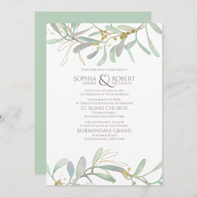 Frosted Mistletoe Winter Wedding Invitation (Front/Back)